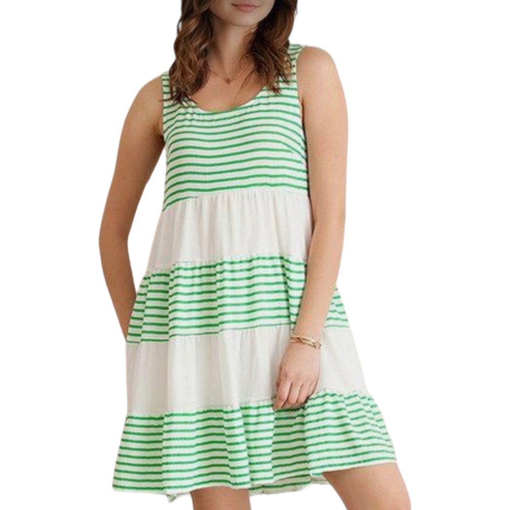 Entro Green & White Striped Tiered Sleeveless Dress Size Medium